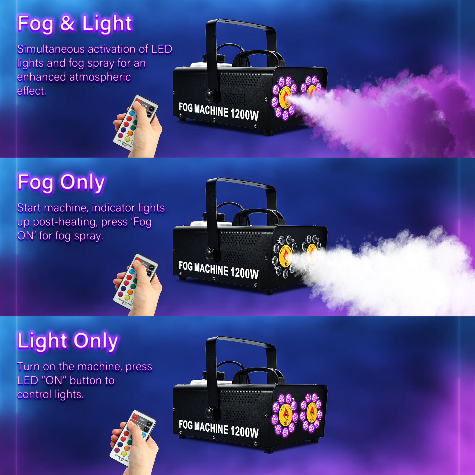 1200W Dual Spray Horizontal Fog Machine 18 RGB LED Stage DJ Light Smoke Machine