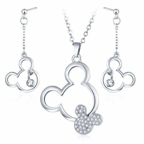 Silver Tone Cartoon Mouse Necklace & Earring Set