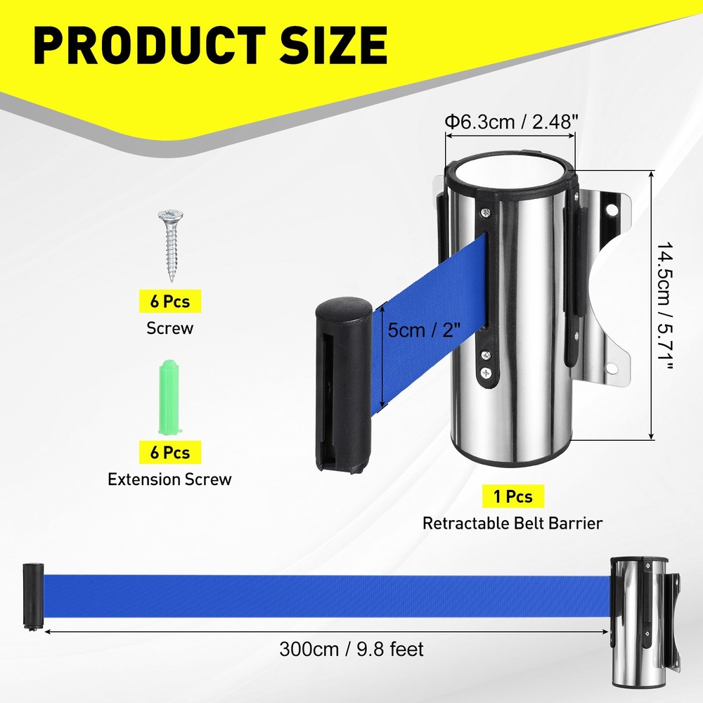 9.8 Foot Fixed Wall Mount Retractable Belt Barrier Set, Dark Blue