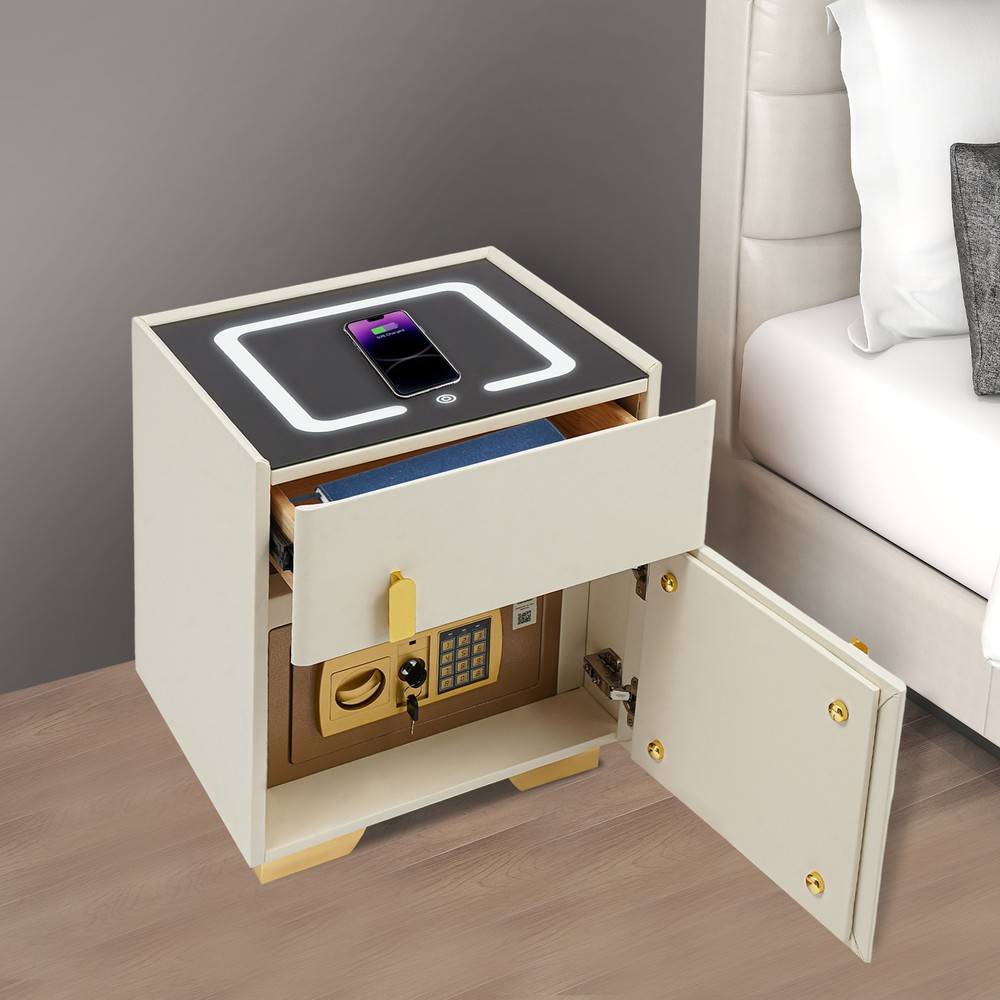 LED Nightstand with Wireless Charging and Safe Box Night Stand, Bedside Table