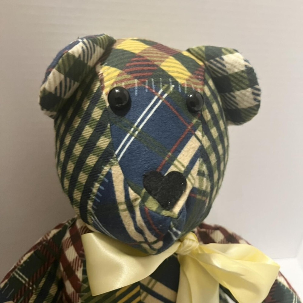 Beautiful Patchwork Plaid Checkered Handmade Memory Teddy Bear blue yellow green