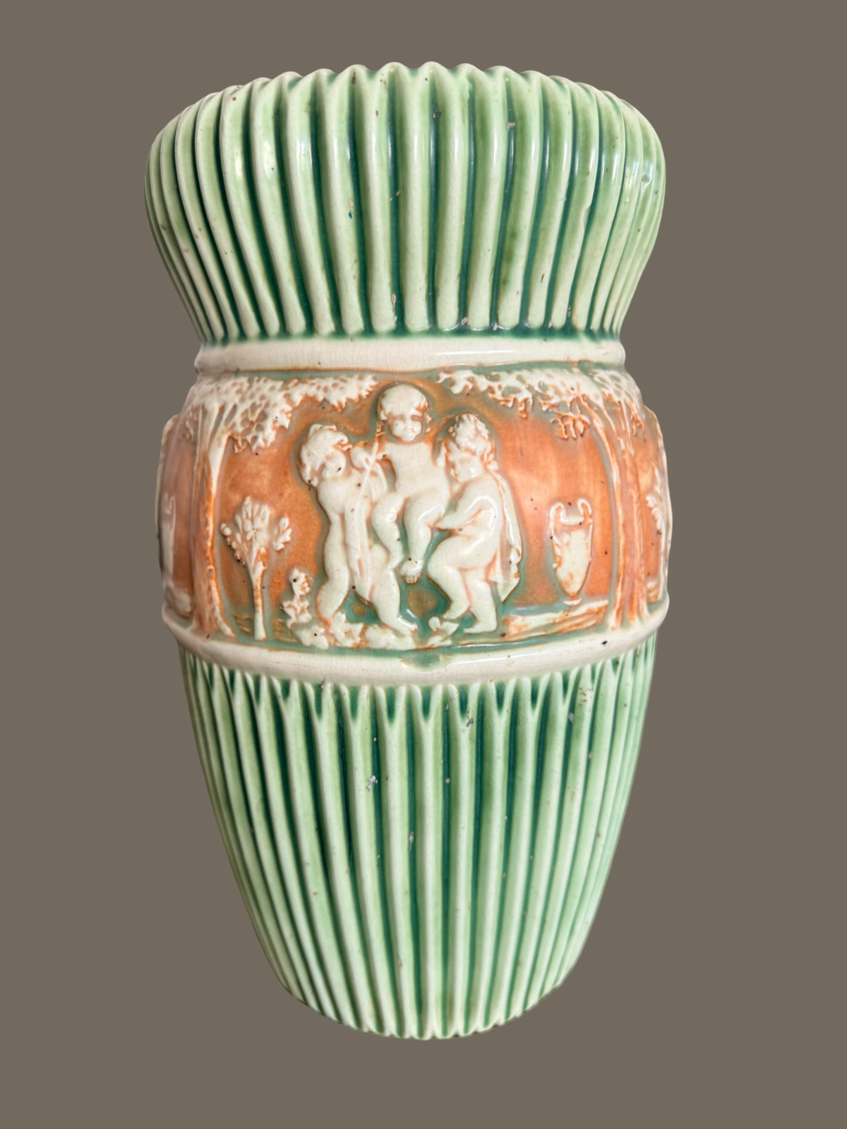 Large Antique Roseville Donatello Tall Vase Cherub Art Pottery Green 1916