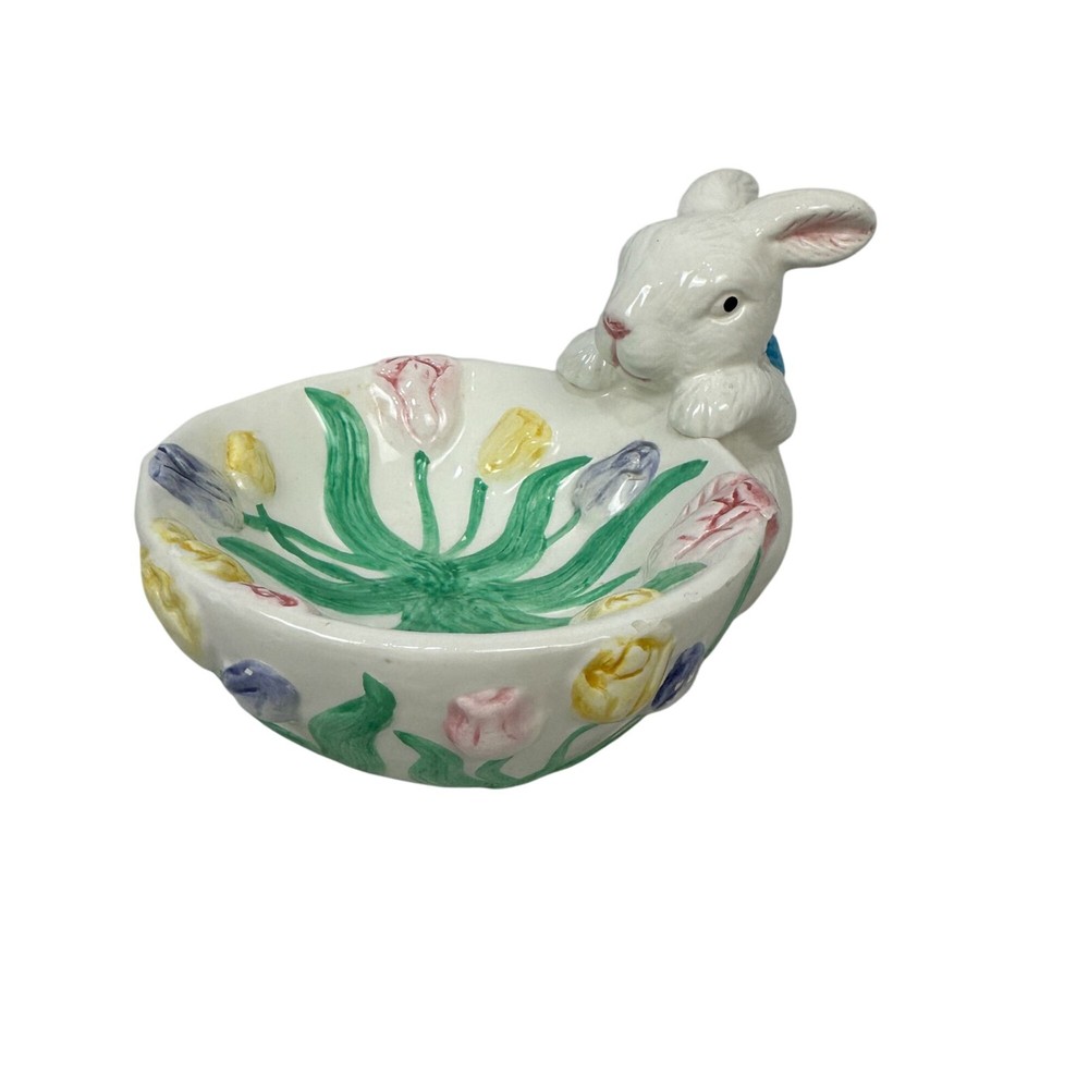 Hand-Painted Ceramic Bunny Candy Dish With Floral Design
