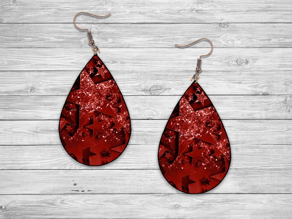 Red Glitter Star Teardrop Earrings