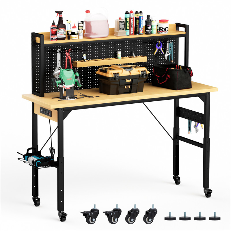 71'' Adjustable Workbench with Wheels Pegboard AC/USB Outlet Hooks Shelf 1600 lb