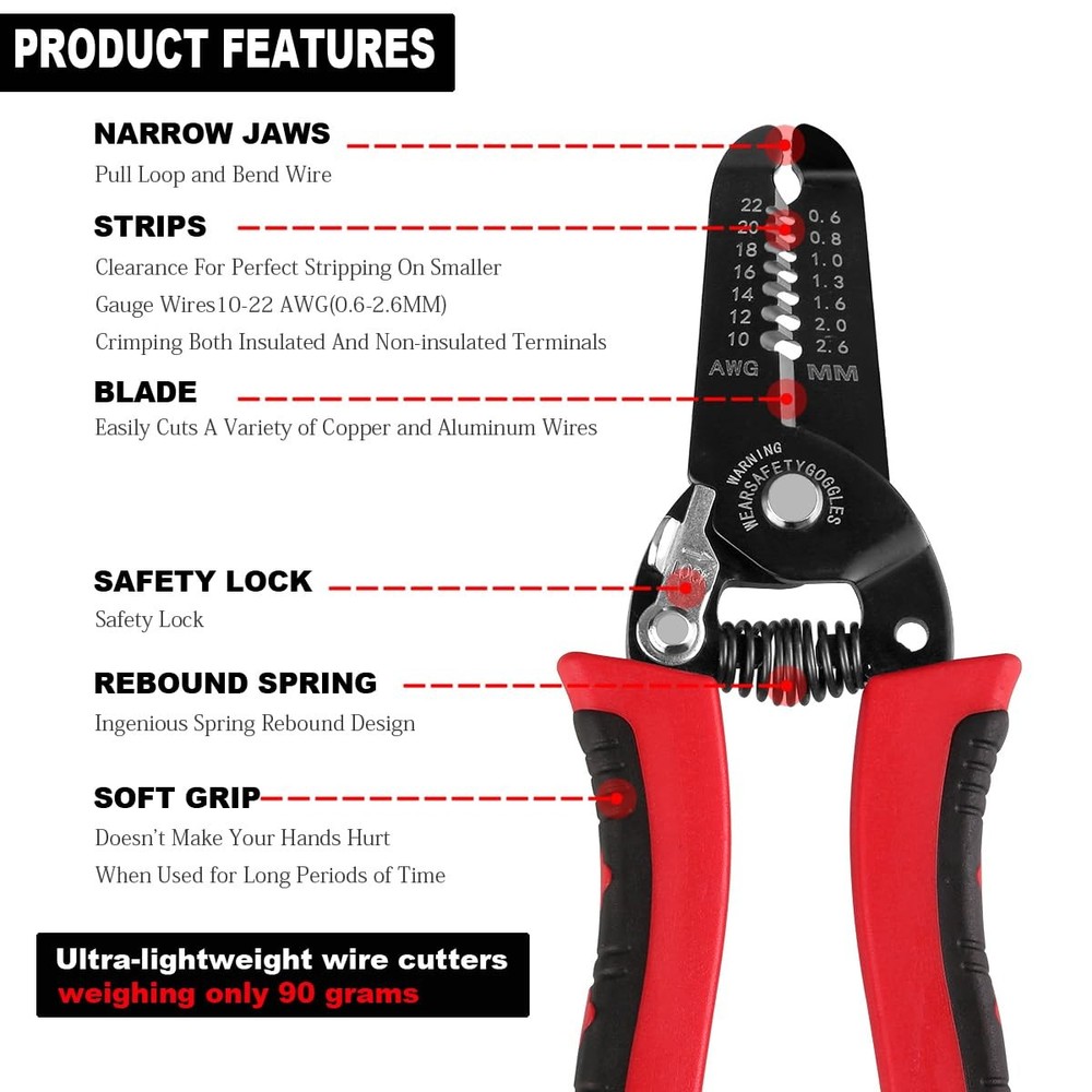 10-22 AWG Wire Stripper Cutter, Multifunctional Multi-Size Stripping Red