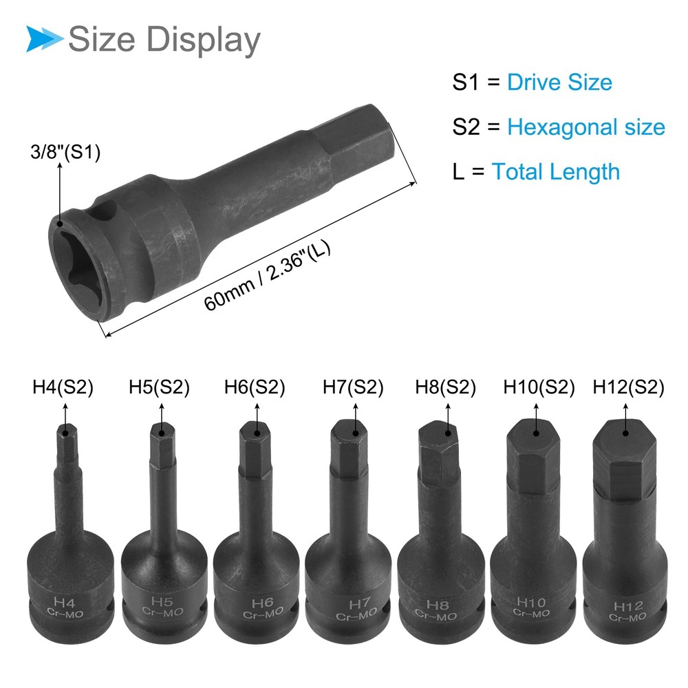 Impact Hex Bit Socket Set H4 - H12 Socket 3/8" Drive Cr-Mo Steel Metric Socket