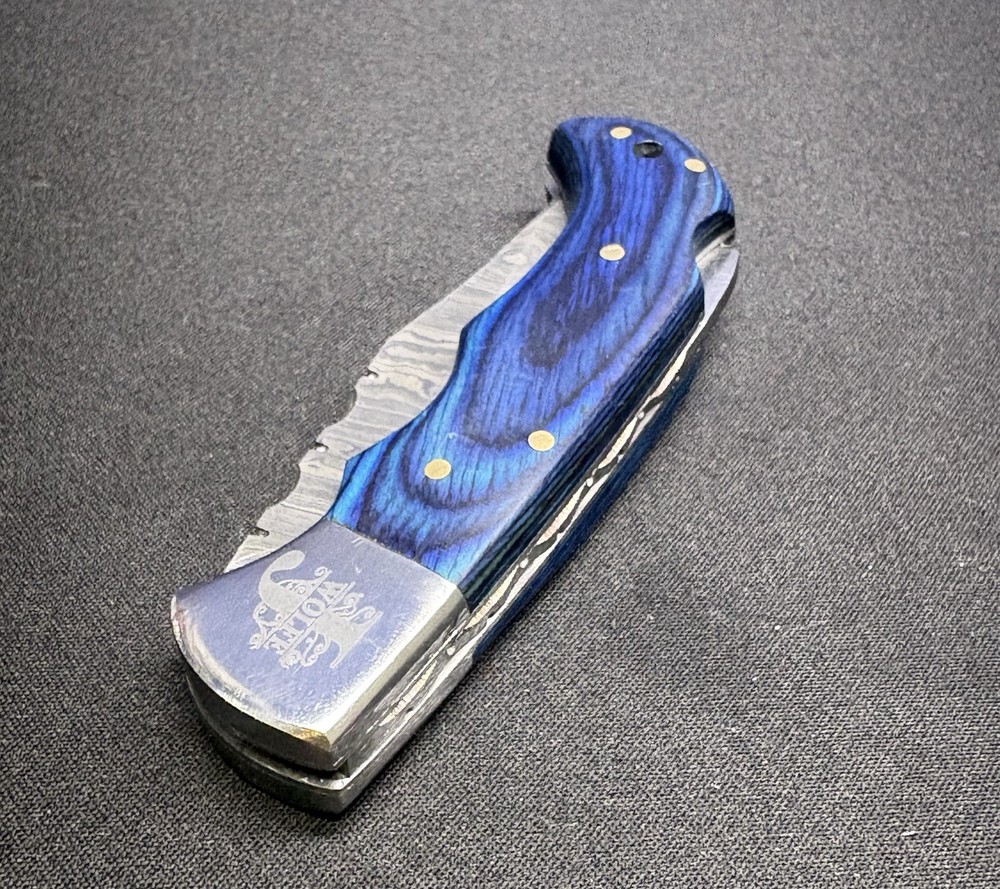 Custom J Wolfe Damascus Folder - Blue Handle Beauty