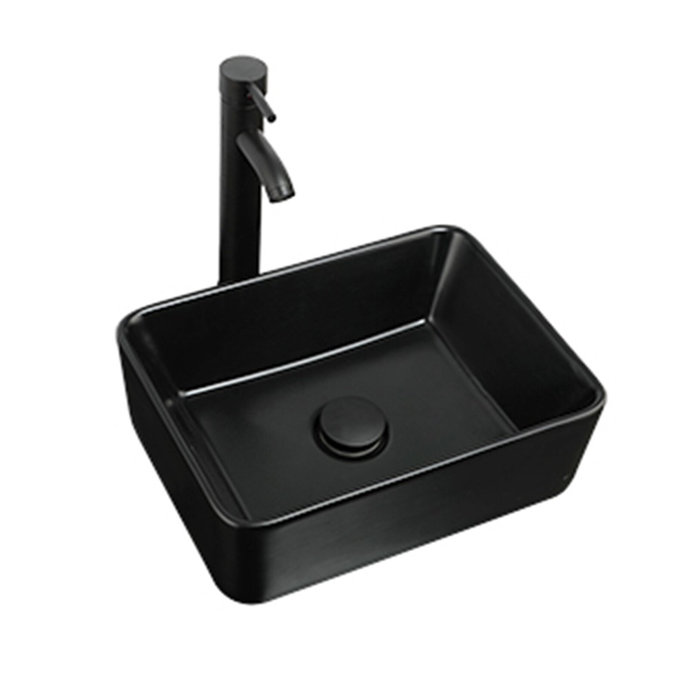 US Black Ceramic Bathroom Vessel Sink Rectangular Mixer Deck Mount Tap Set Drain
