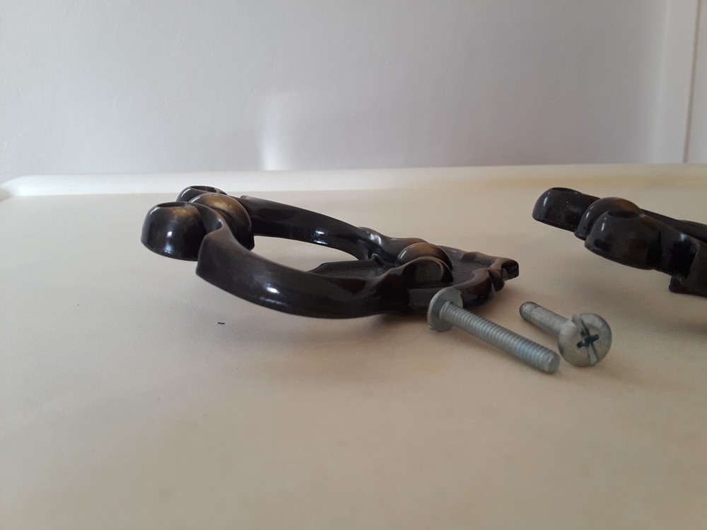 Two Antique Brass? Ornate Metal Drawer Cabinet Pull Knobs