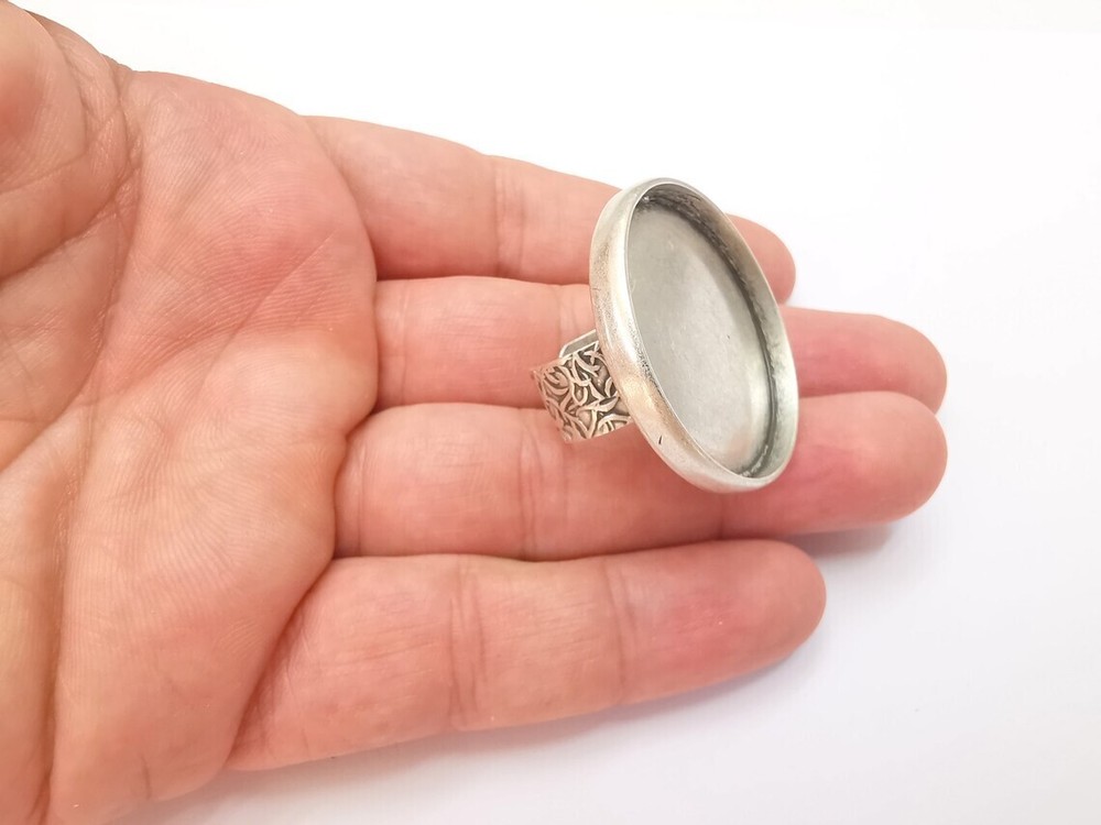 Round Antique Silver Ring Blank Setting, Cabochon Mounting Adjustable Resin Ring