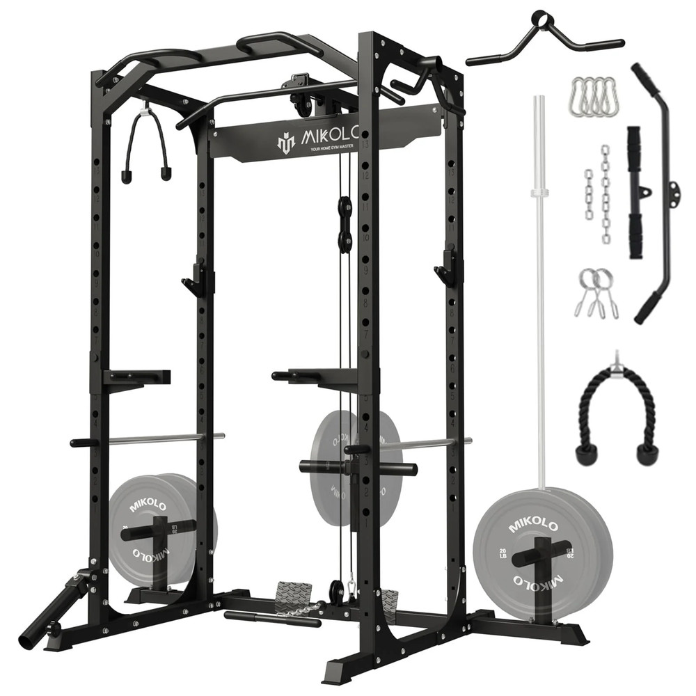 LAT Pulldown System Multi-Functional Squat Rack Exercise Power Cages Metal Black