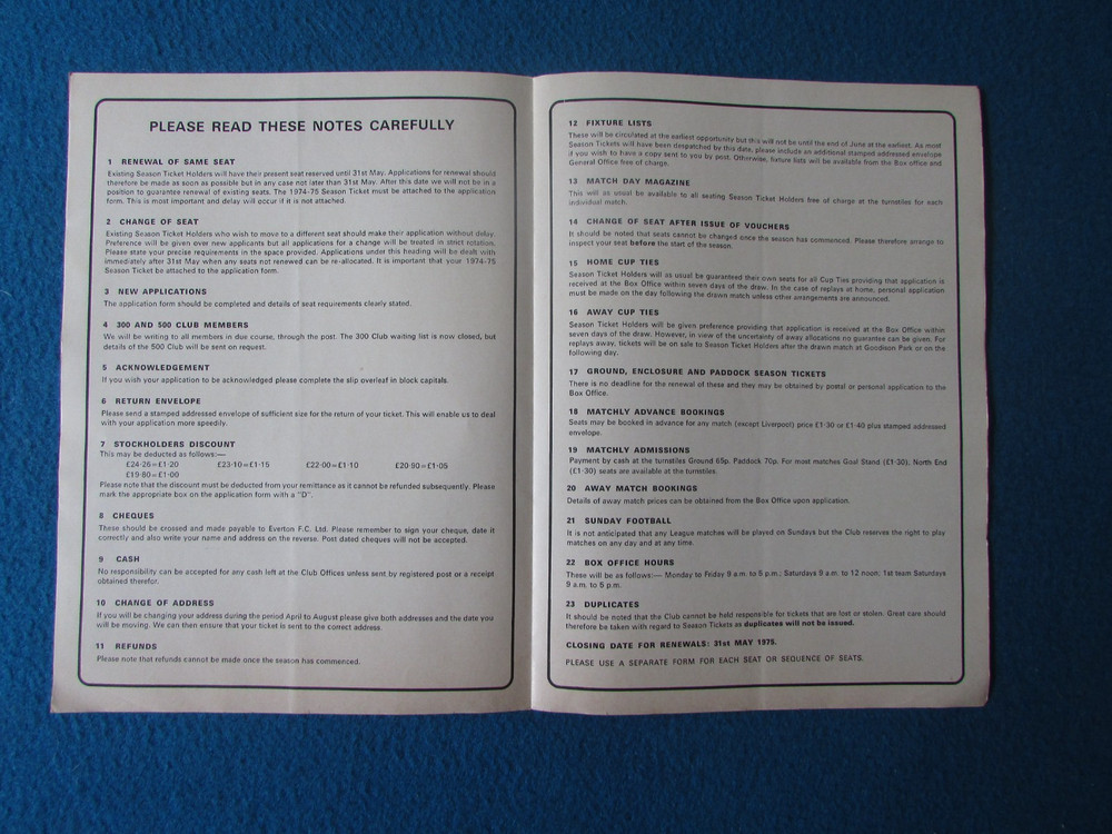 Everton Season Ticket Application Form 1975/76