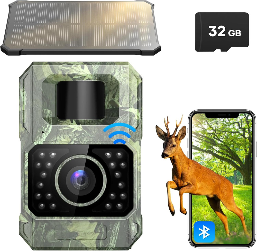 Solar Trail Camera 48MP 30FPS, Wifi Bluetooth Game Camera with Motion Activated