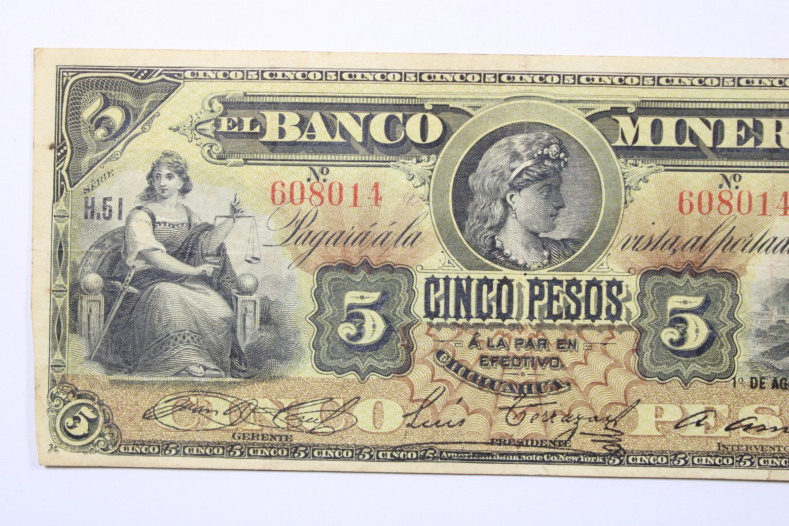 1914 El banco Minero 5 pesos Circulated Banknote Serie H.51 VF # 0416