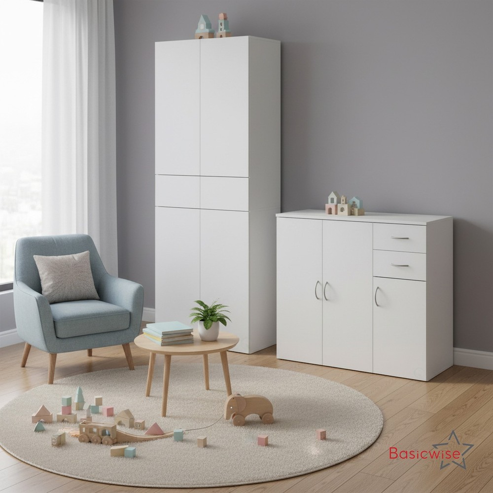 Basicwise Set of Buffet Table with Drawers Plus Cabinet with Compartments, White