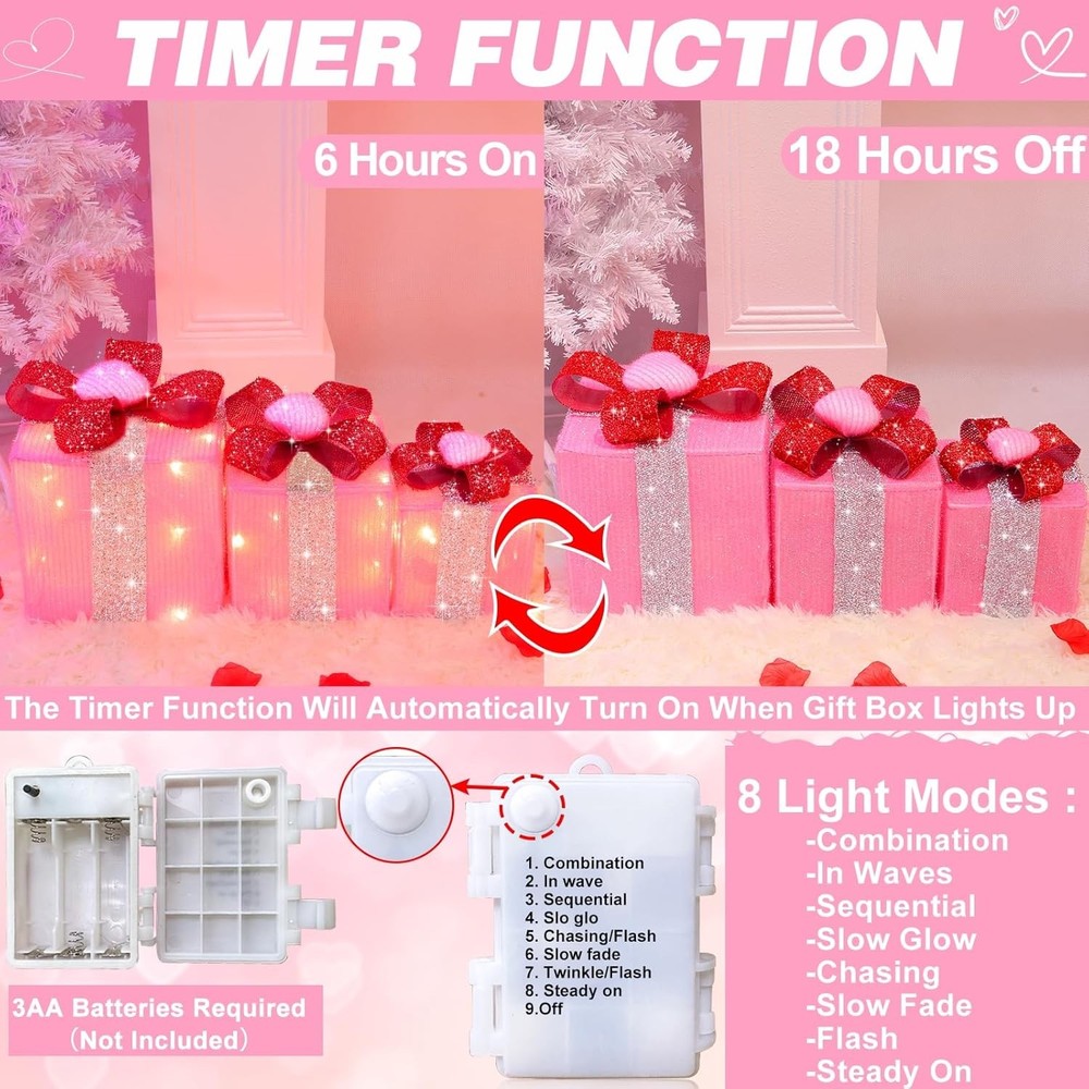 Timer & 8 Mode 3 Pack Valentines Decorations Pink Valentines Lighted Gift Boxes