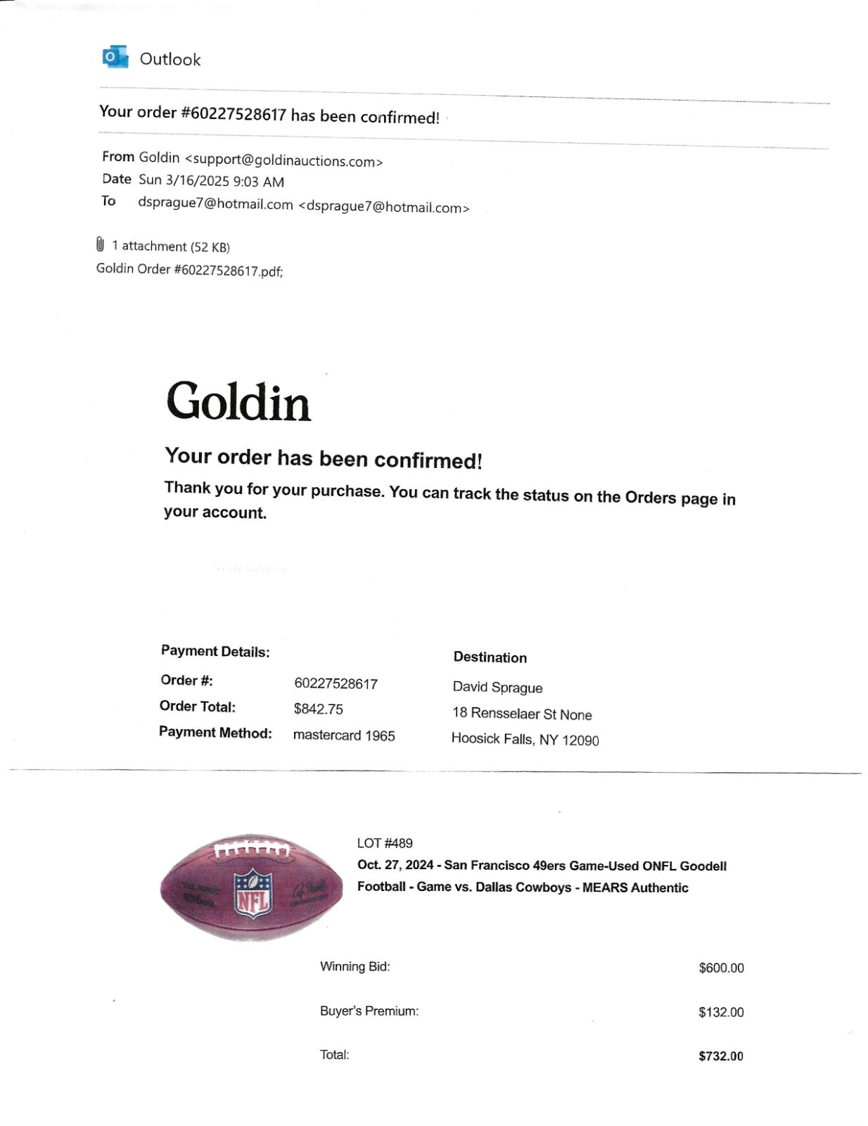 Brock Purdy San Francisco 49ers Photo Matched Game used Football vs Cowboys 2024