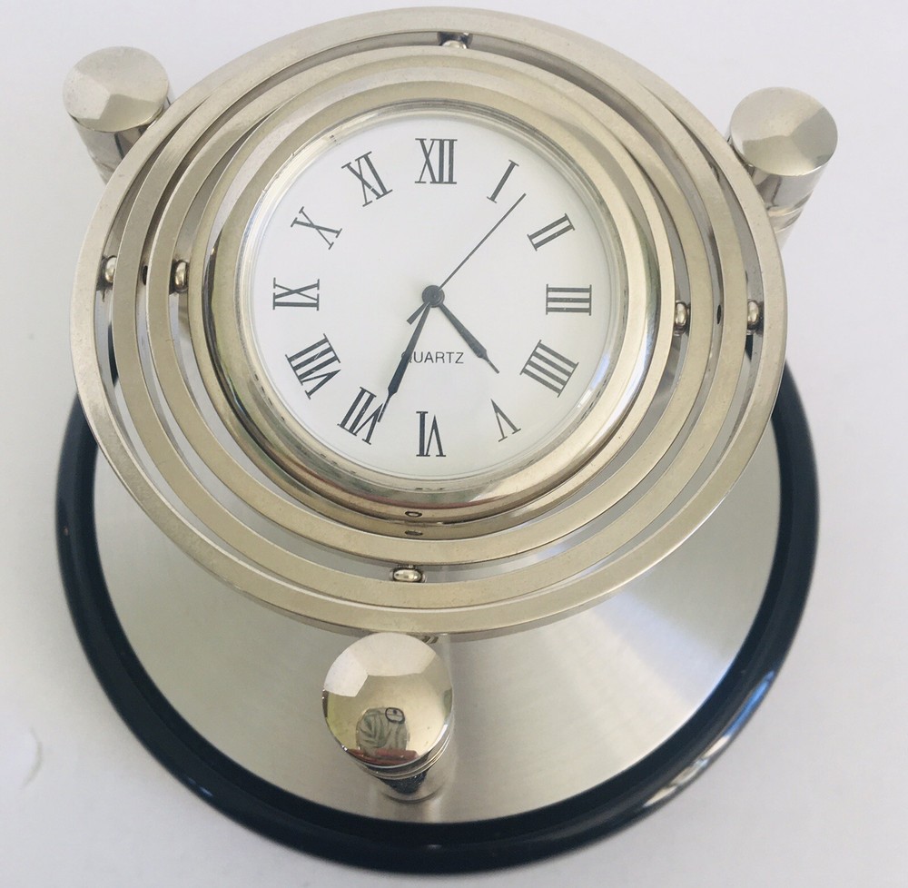 Spinning Gyro Silver Tone Quartz Desk Table Clock Unique