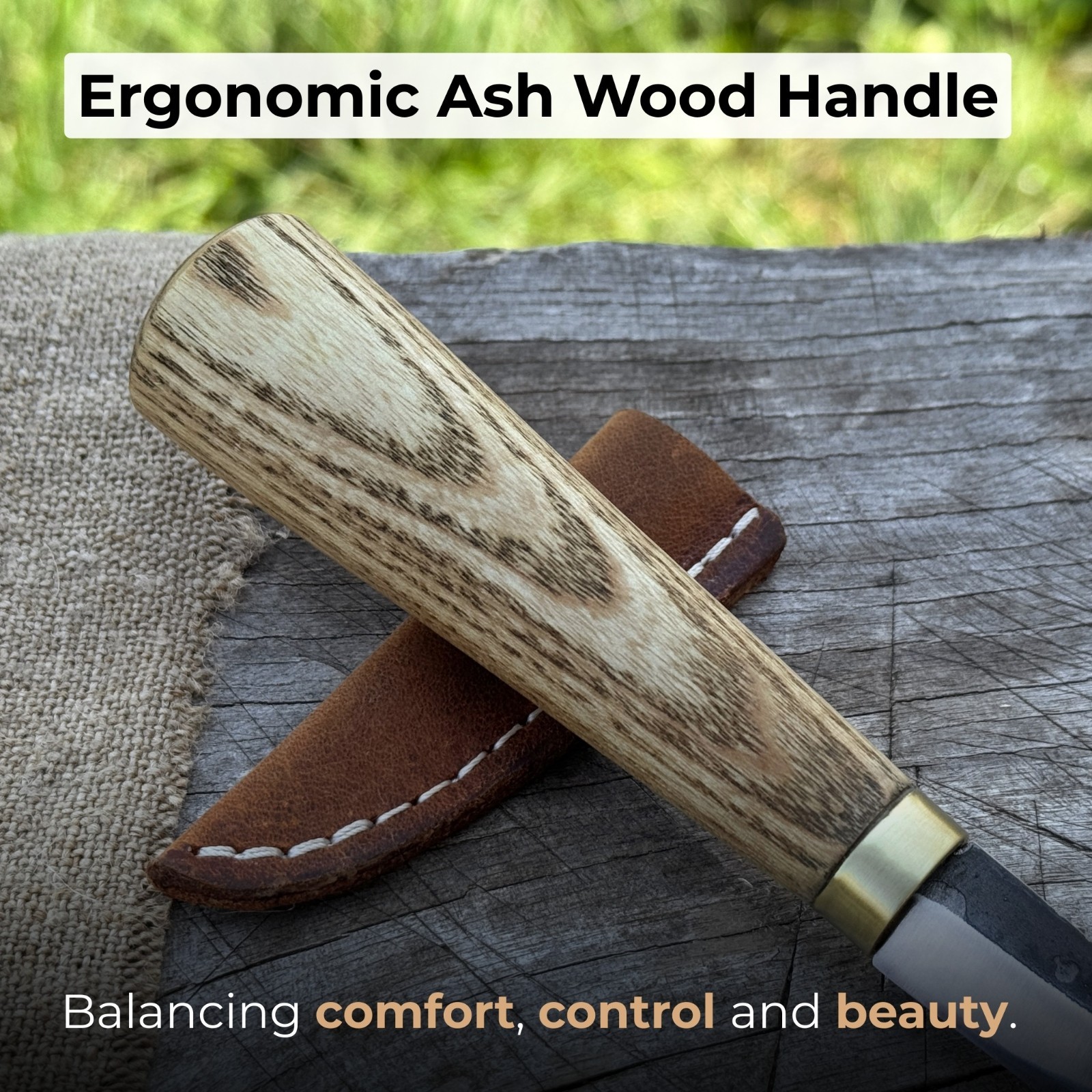 6'' Wood Carving Sloyd Knife 52100 Carbon Steel, Ash Handle, Leather Sheath