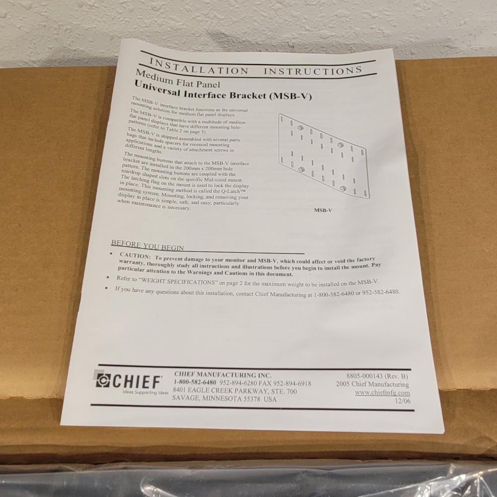 Chief MSBVB Universal Flat Panel Interface Bracket Black