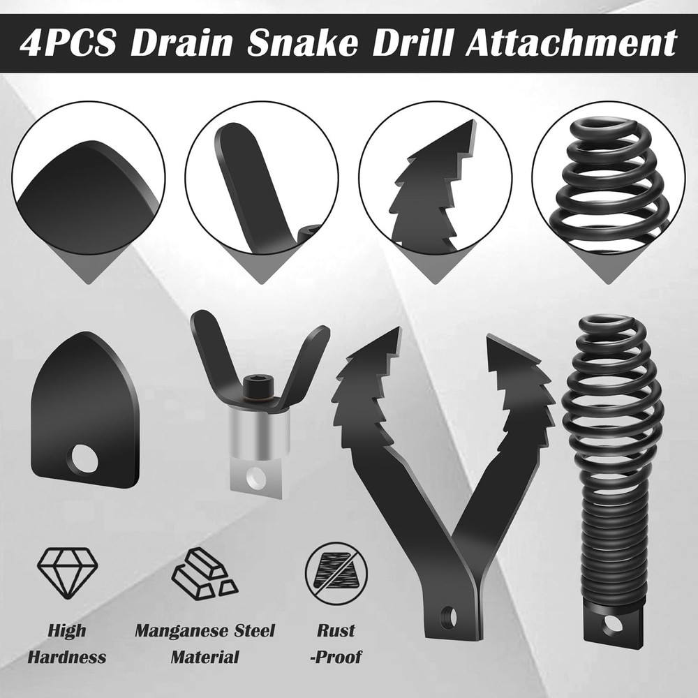 4 Pack Drain Snake Drill Attachment Combination Cutter Head Set for Pipe Cleaner