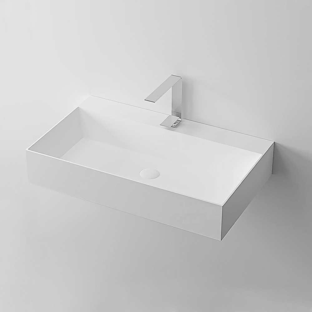 36" x 18" Solid Surface Wall Mount Rectangle Matte White Vessel Sink with Fauc