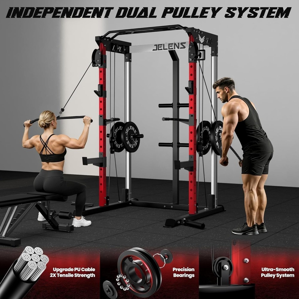 Power Rack Cage, Weight Rack with Dual Pulley Cable Crossover Machine,Multi-Func