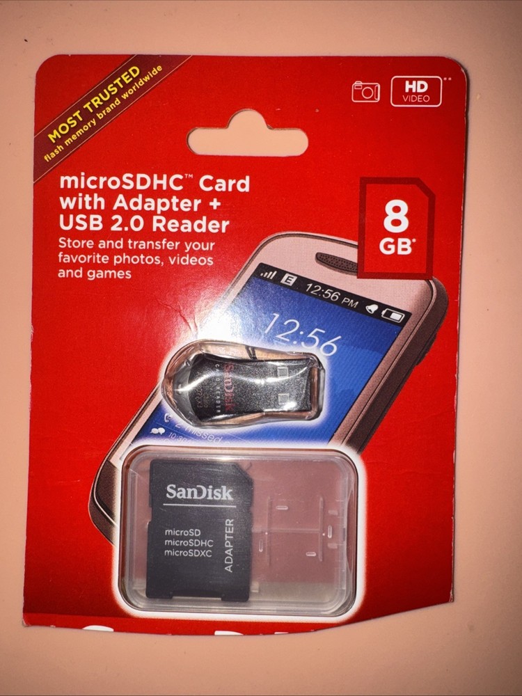 SandDisk MicroSDHC 8GB Memory Card W/Adapter + USB 2 Reader Sealed