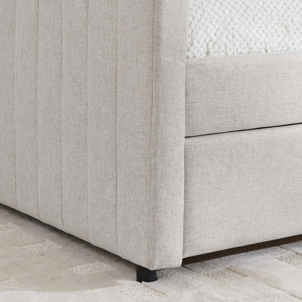 Full Daybed Modern Linen Upholstered Bed Frame Sofa Bed w/ Pull-Out Trundle