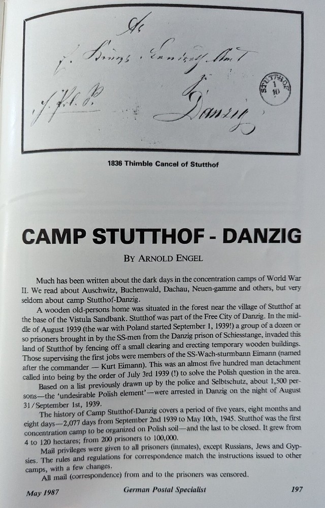 German Postal Specialist May 1987 Camp Stutthof/Danzig Potage Due To Fuhrer