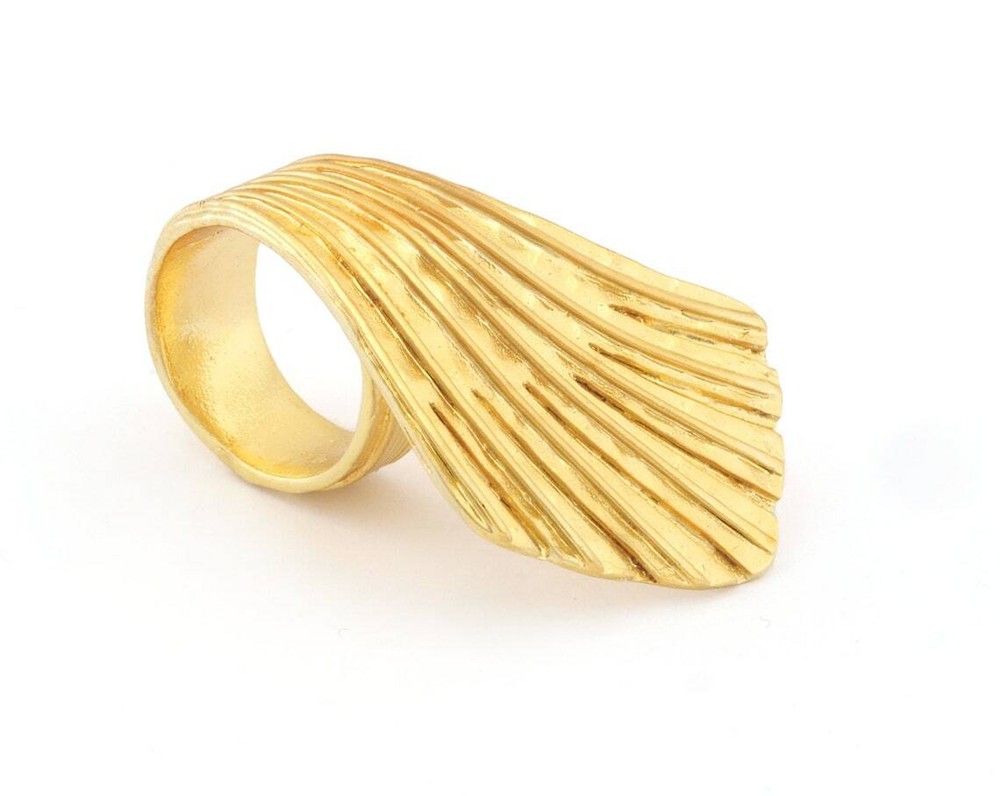 Leaf Hammered Ring Adjustable Shiny Gold Plated Brass (7US-9US inner size) 4808