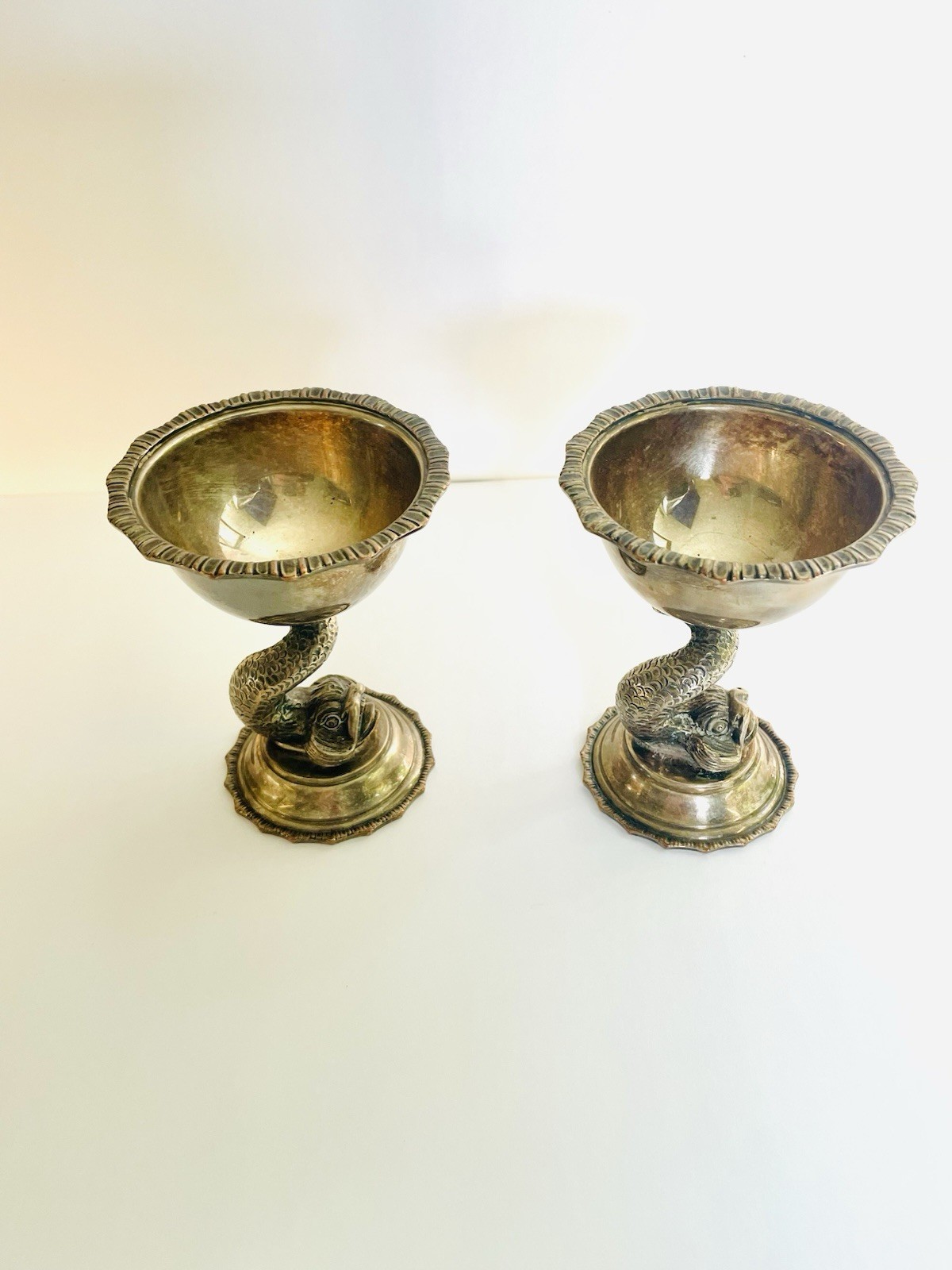 Antique Pair Barker Ellis Dolphin Compotes English Silver Plate Victorian