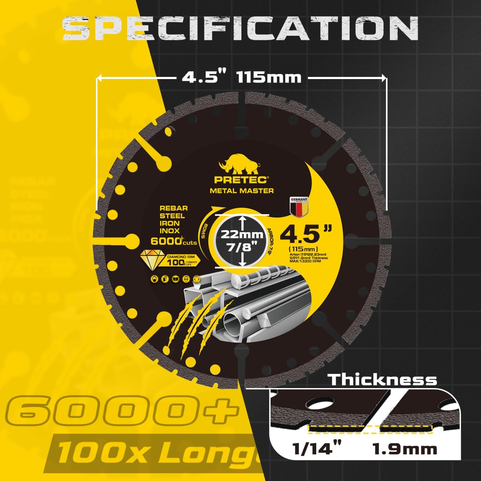 Diamond Cutting Wheel 4 1/2 Inch Metal Cut-Off with 6000+ Cuts on Rebar - 3 Pack