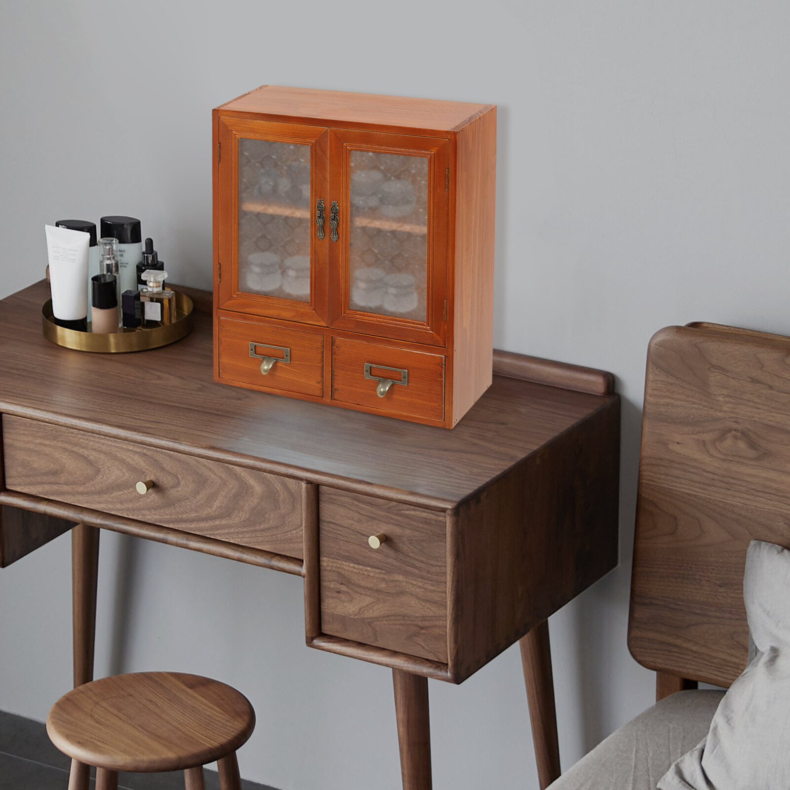 Wood Storage Cabinet, 2-tier Storage Cabinet with 2 drawers, Double Door Storage