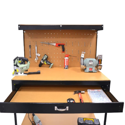 Painted steel workbench with tool holder panel