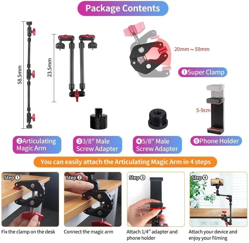 Lightweight 22" Camera Mounting Arm with 360-Degree Adjustable Clamp & Holders