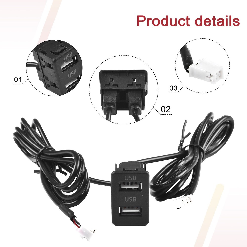 Dashboard Dual USB Port Extender Panel Interface with 145cm Cable for Car