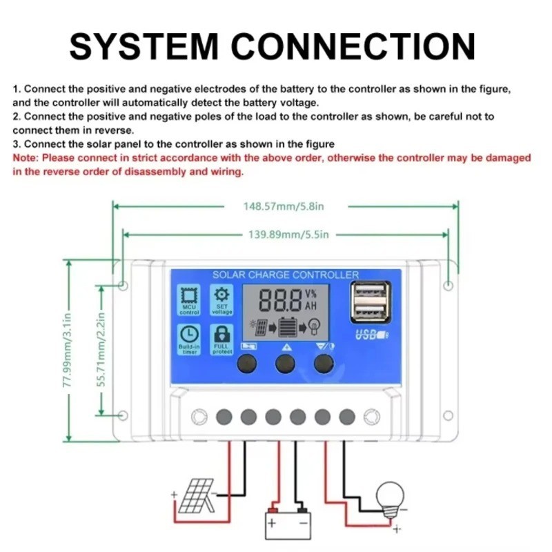 30A 12V/24V Solar Panel Battery Charge Controller LCD Auto Regulator Dual USB US