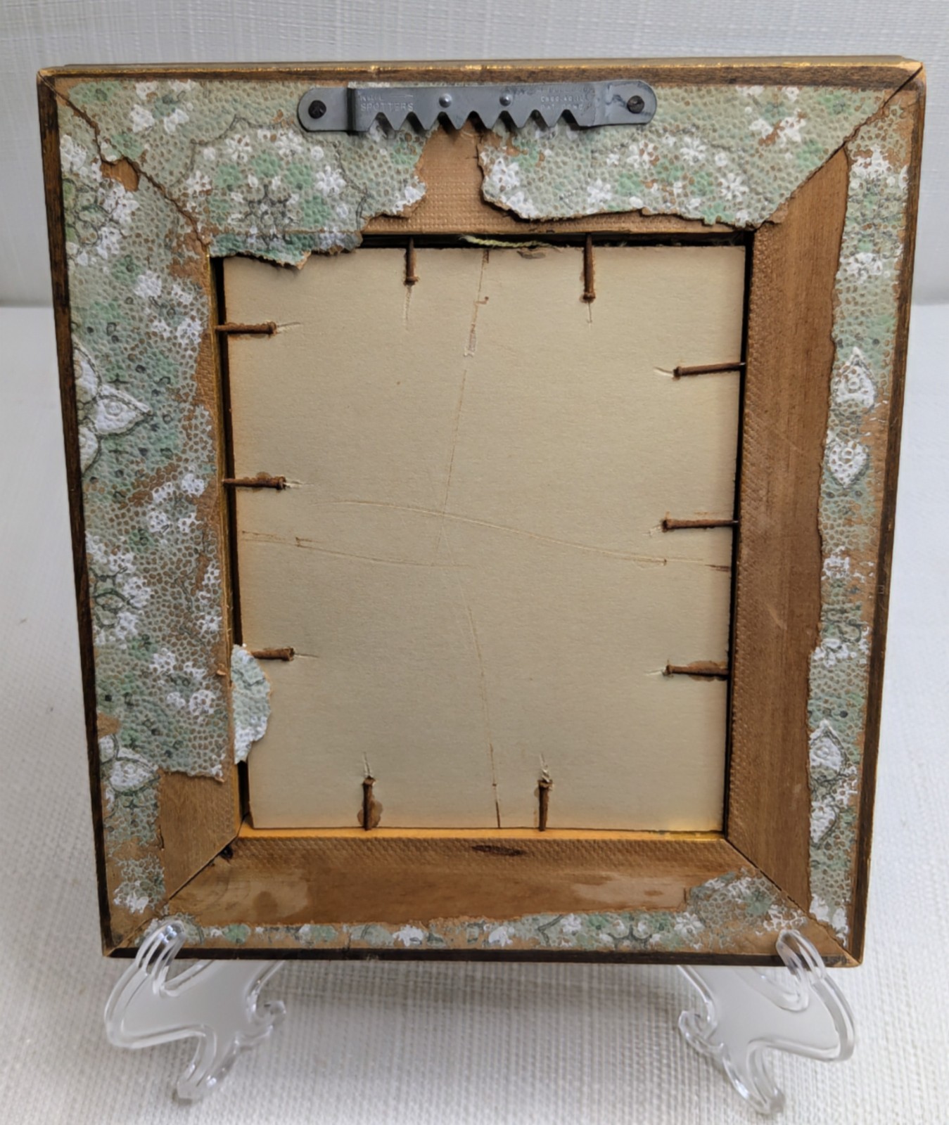 Vintage Dried Pressed Flowers Arranged With A Blue Ribbon In Gold Wood Frame