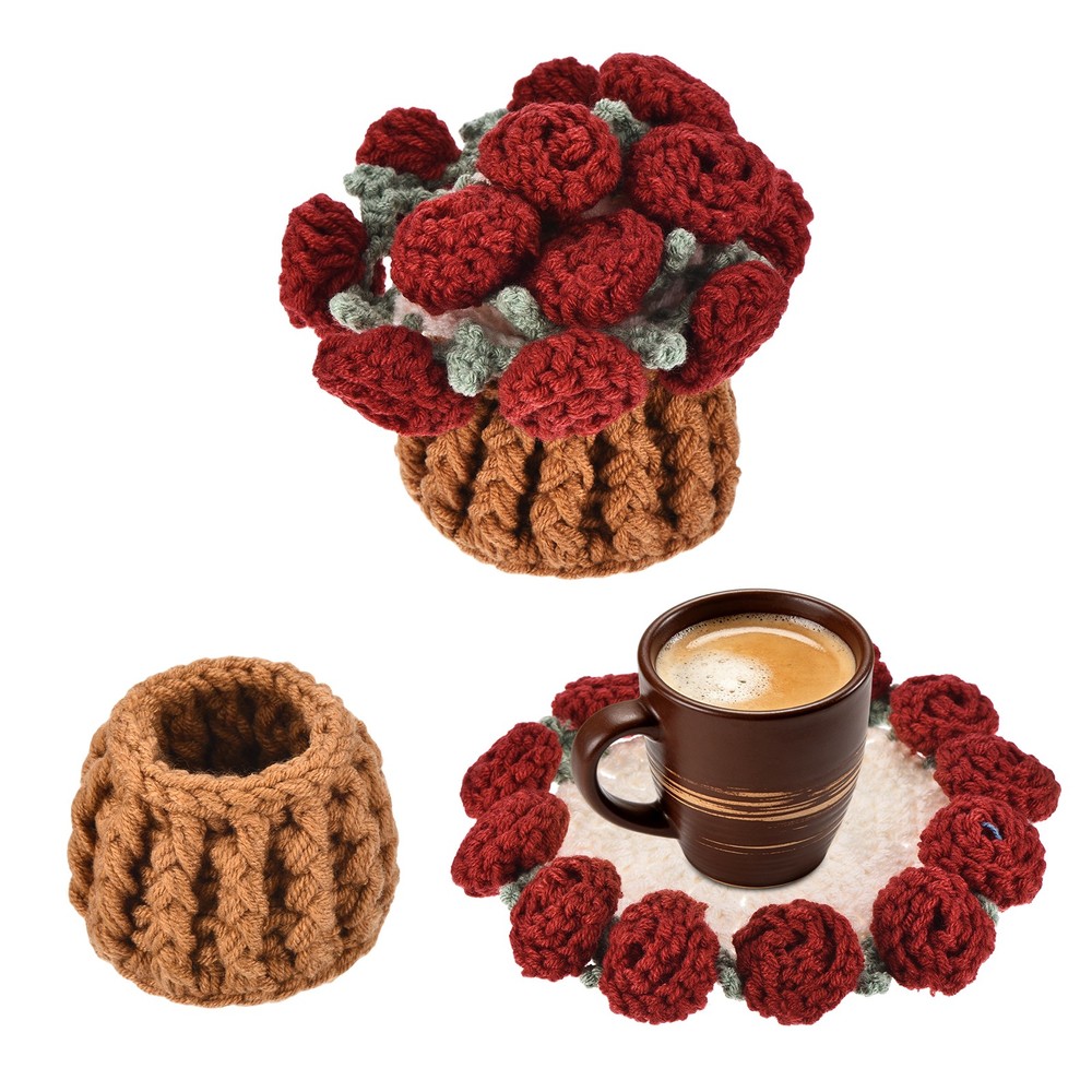 Crochet Flower Coasters, Coasters with Mini Basket, Red