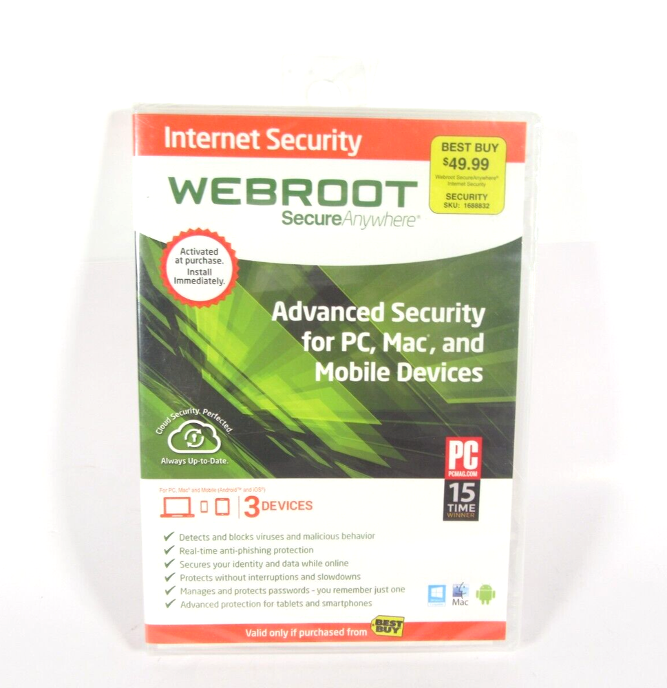 Webroot Secure Anywhere Antivirus Software Internet Security 3-Device NEW Sealed