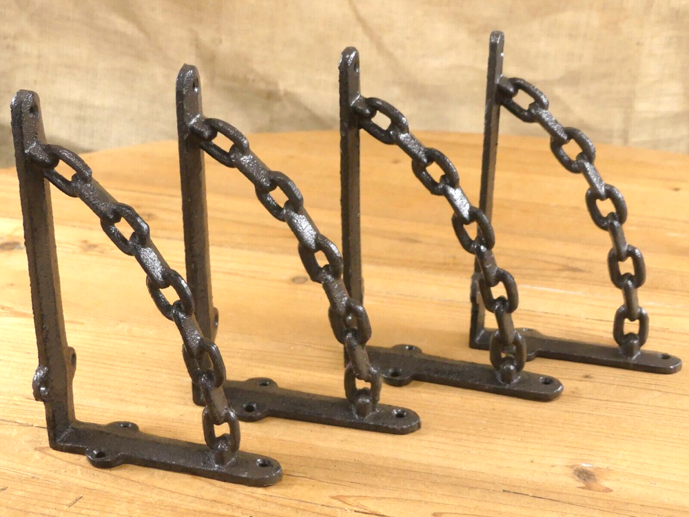 4 CAST IRON BRACKETS CHAIN MAN CAVE BRACES SHELF CORBELS NAUTICAL DECOR RUSTIC
