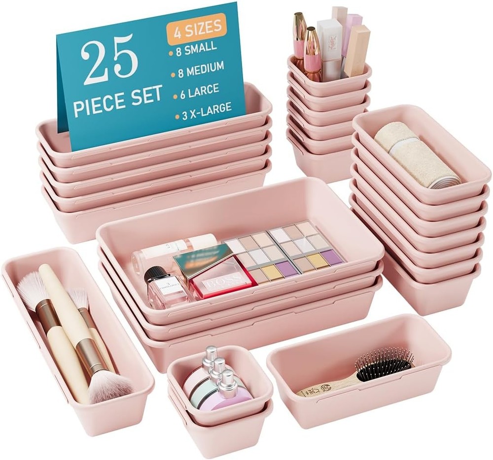 25 PCS Black Drawer Organizer Set 4 Size Interlocking Plastic Storage Bins