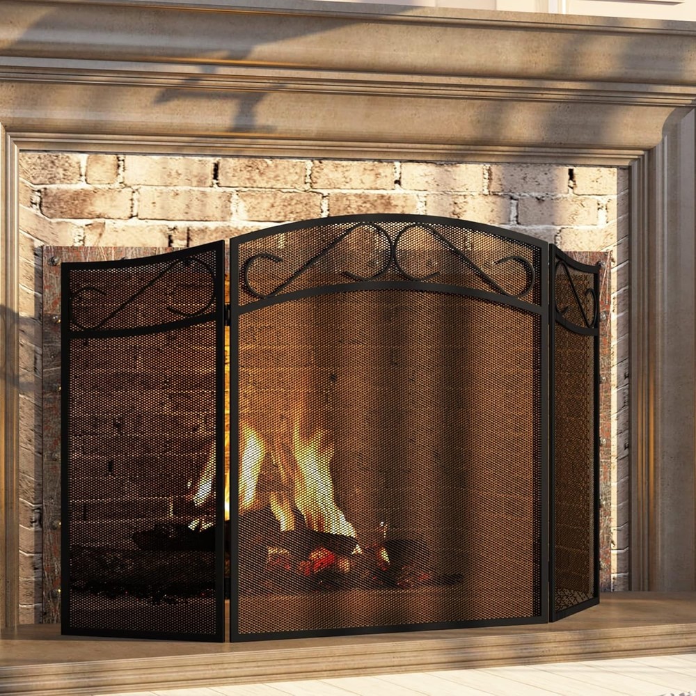 Fireplace Screen Wood Burning Fireplace Foldable 3 Panel Wrought Iron Fireplace