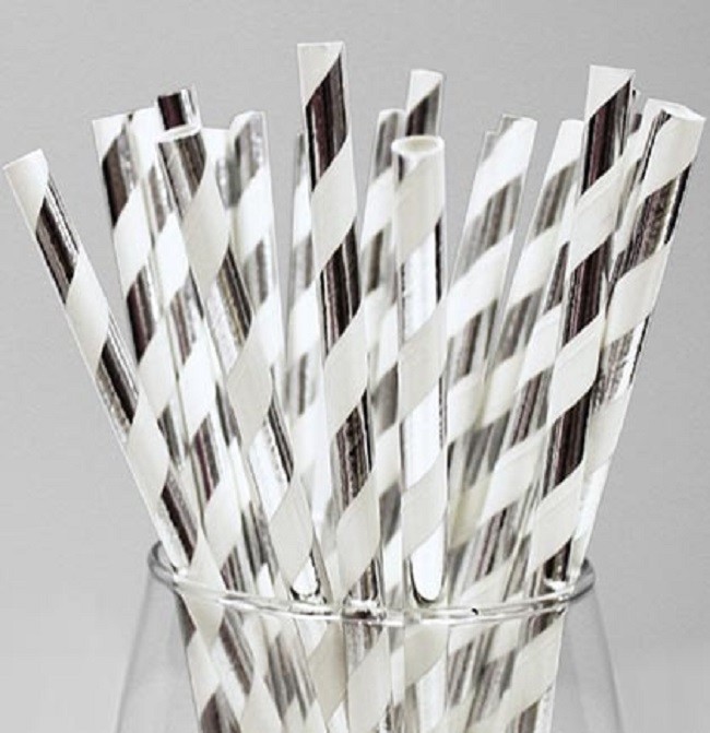 250 Paper Straws 8" (20cm) Silver & White Biodegradable Eco Friendly Compostable