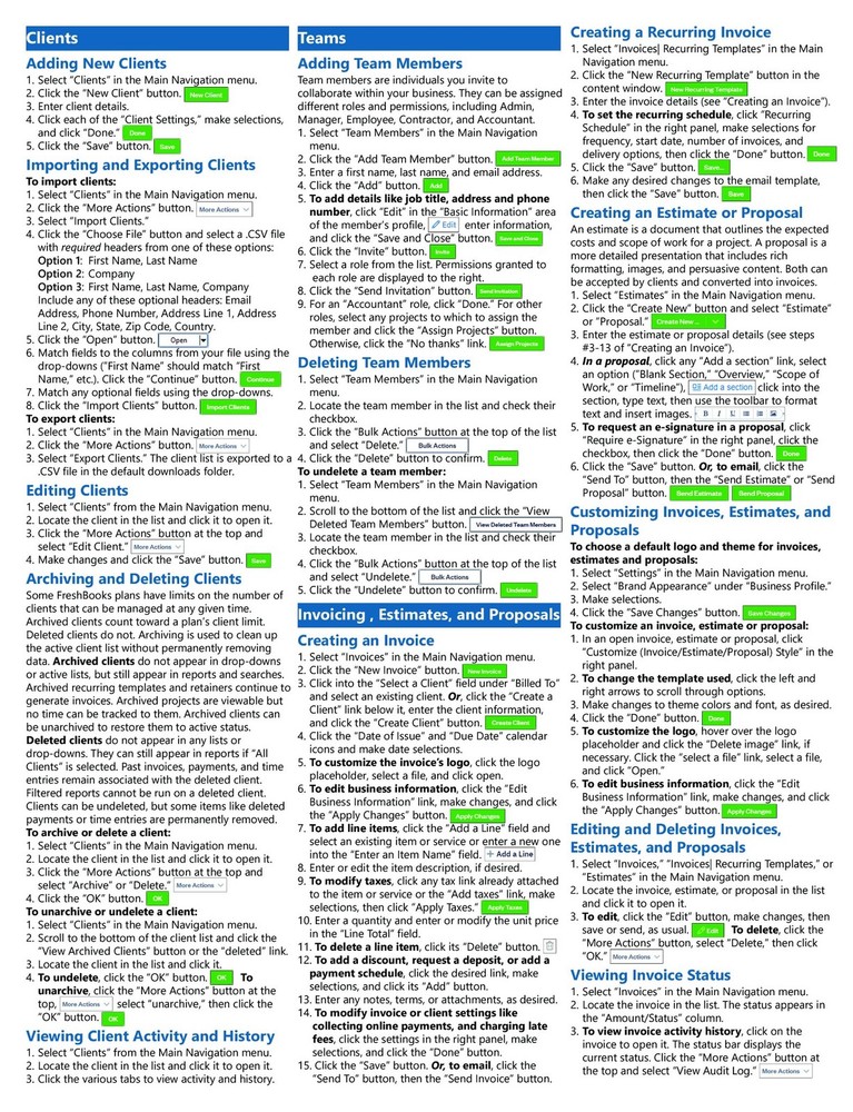 FreshBooks Accounting Training Guide Quick Reference Card 4 Page Cheat Sheet