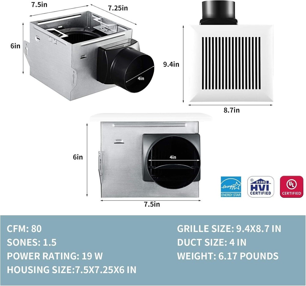 Quiet 80 CFM 1.5 Sone No Attic Access Needed Installation Bathroom Ventilation