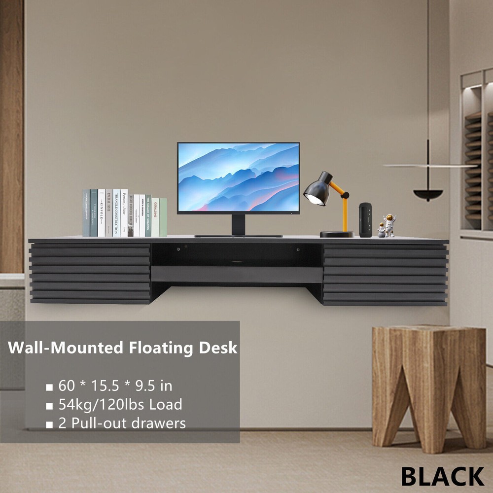 Brown/Black Wall-Mounted PC Table Floating Computer Desk W/ 2 Drawer 120lbs Load