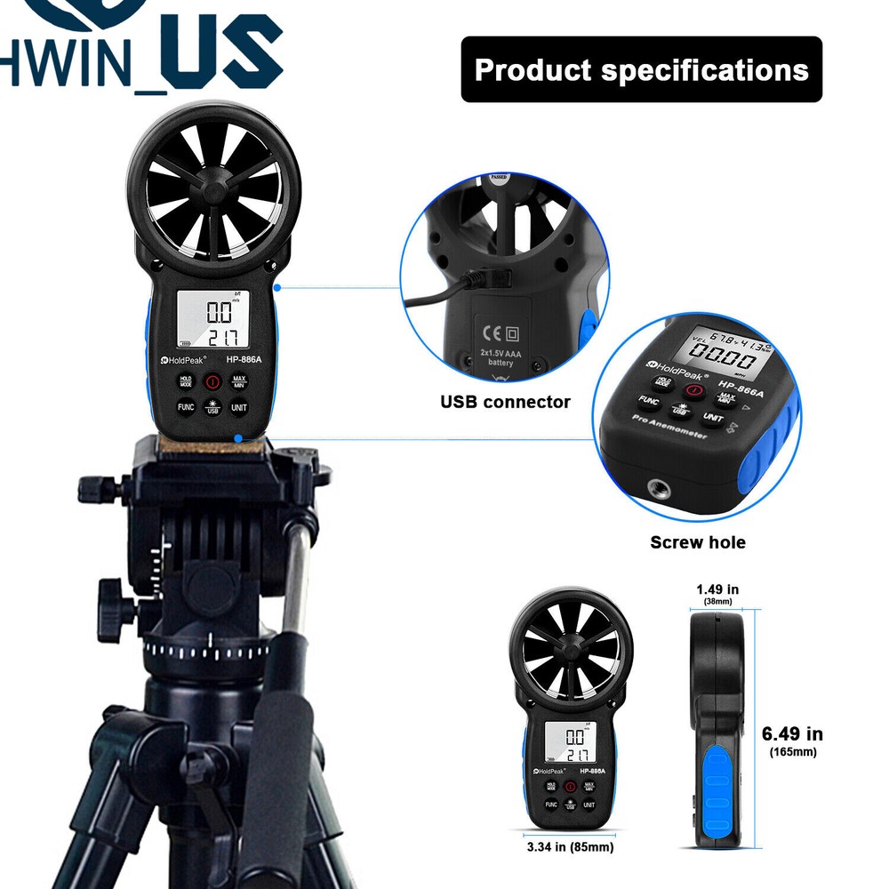 Handheld Digital LCD Anemometer Temperature Gauge Air Wind Speed Vane Meter 866A